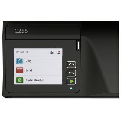 Detaljan prikaz dodirnog zaslona pisača Konica Minolta C255 koji prikazuje opcije menija 'Kopiranje', 'E-pošta' i 'Stanje/Potrošni materijal' s IP adresom i gumbima za upravljanje.