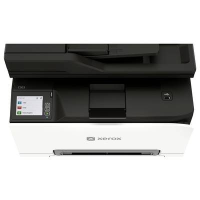 Prednji pogled Xerox C303 multifunkcijskog pisača, koji prikazuje upravljačku ploču i ladicu za papir na prednjoj strani uređaja.