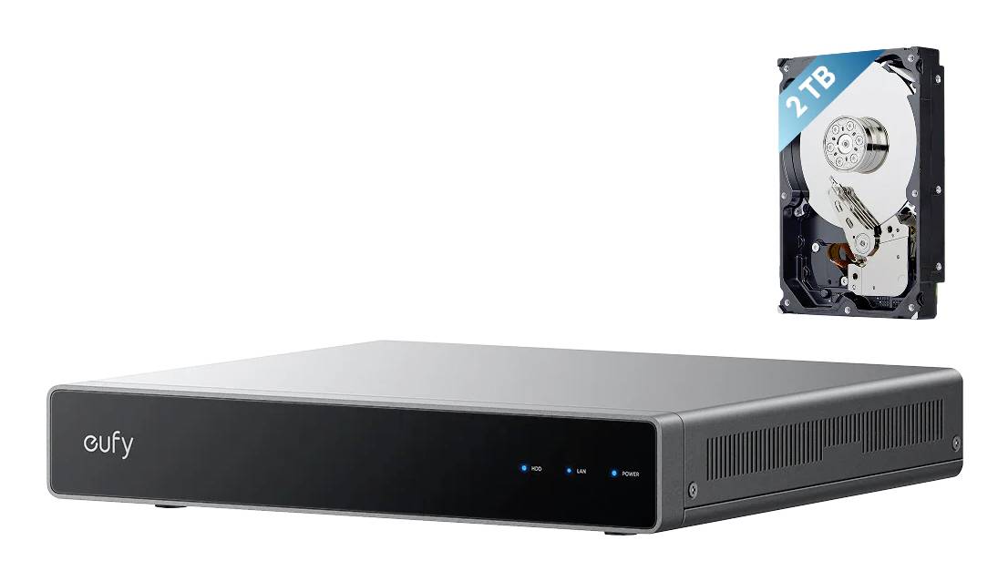 Eufy sigurnosni snimač prikazan s 2 TB tvrdom diskom, što ukazuje na proširivejuću lokalnu pohranu videa za nadzor.