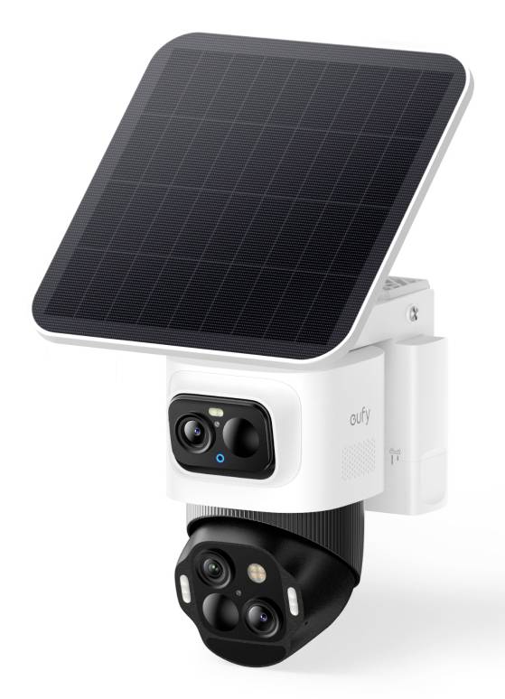 Solarnom napajana vanjska sigurnosna kamera sa velikim solarnim panelom montiranim na vrhu i dvostrukim kamera objektivima ispod.