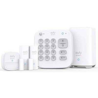Eufy Security komplet domovinskog alarmnog sustava s tipkovnicom glavne jedinice, sirenskom, senzorima i detektorom gibanja prikazanim na bijeloj pozadini