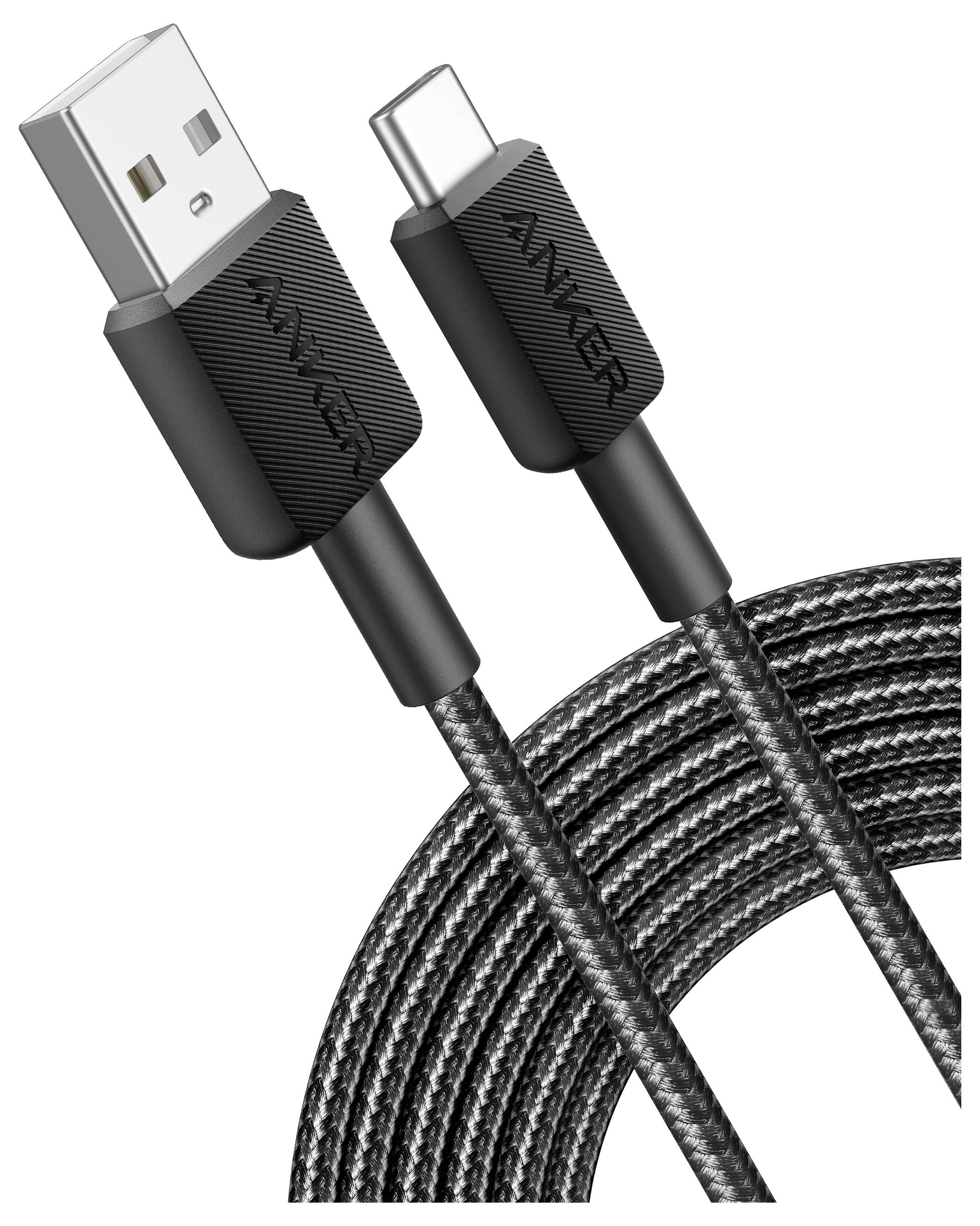 Crni pletenac USB-A na USB-C kabel za punjenje s Anker konektorima, prikazan u zavojima s oba kraja vidljiva.