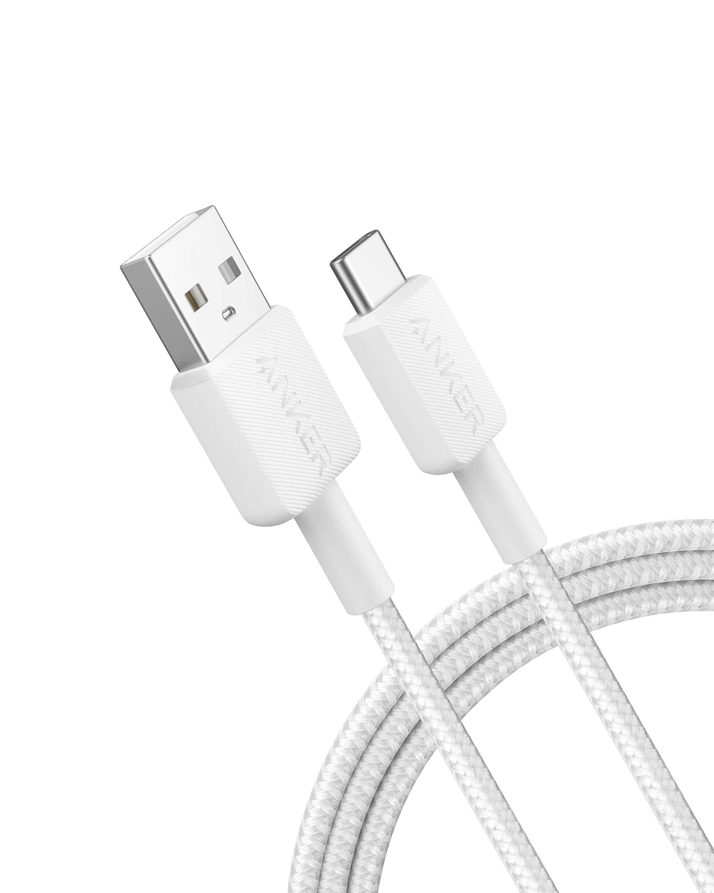 Bijeli USB-A na USB-C kabel za punjenje s pletenjem i Anker konektorima na bijeloj pozadini.
