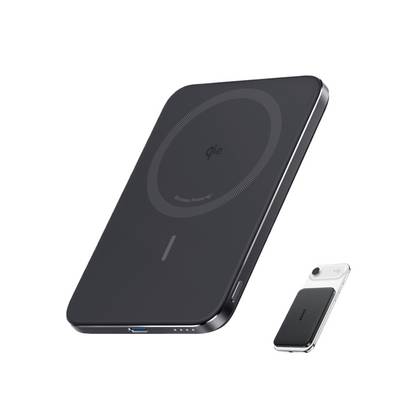 Crna bežična punilica s magnetskim punjenjem prikazana sprijeda i sa strane, s manjom verzijom pričvršćenom na pametni telefon za magnetsko punjenje.