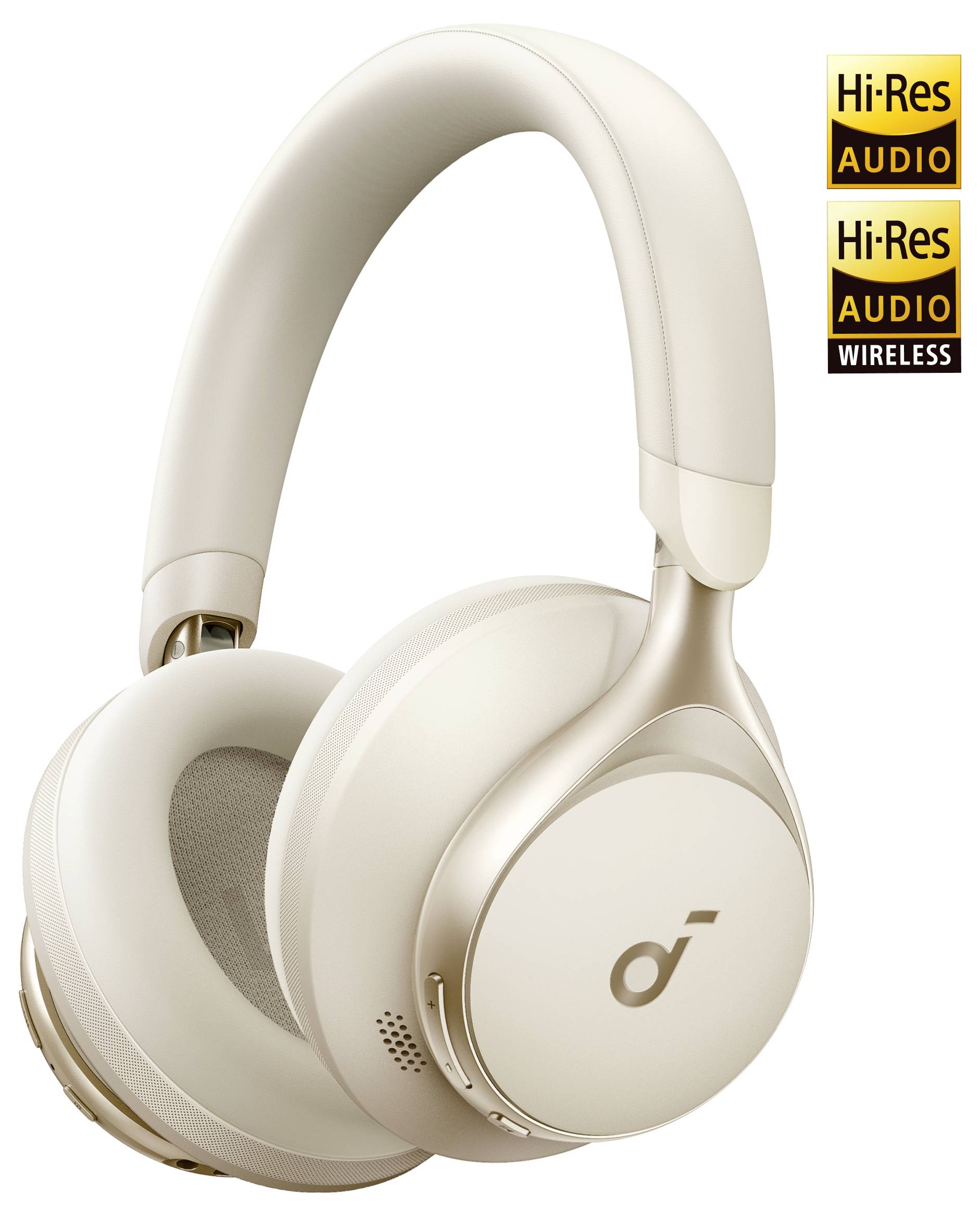 Bež wireless slušalice preko uha na bijeloj pozadini s oznakama 'Hi-Res Audio' i 'Hi-Res Audio Wireless'
