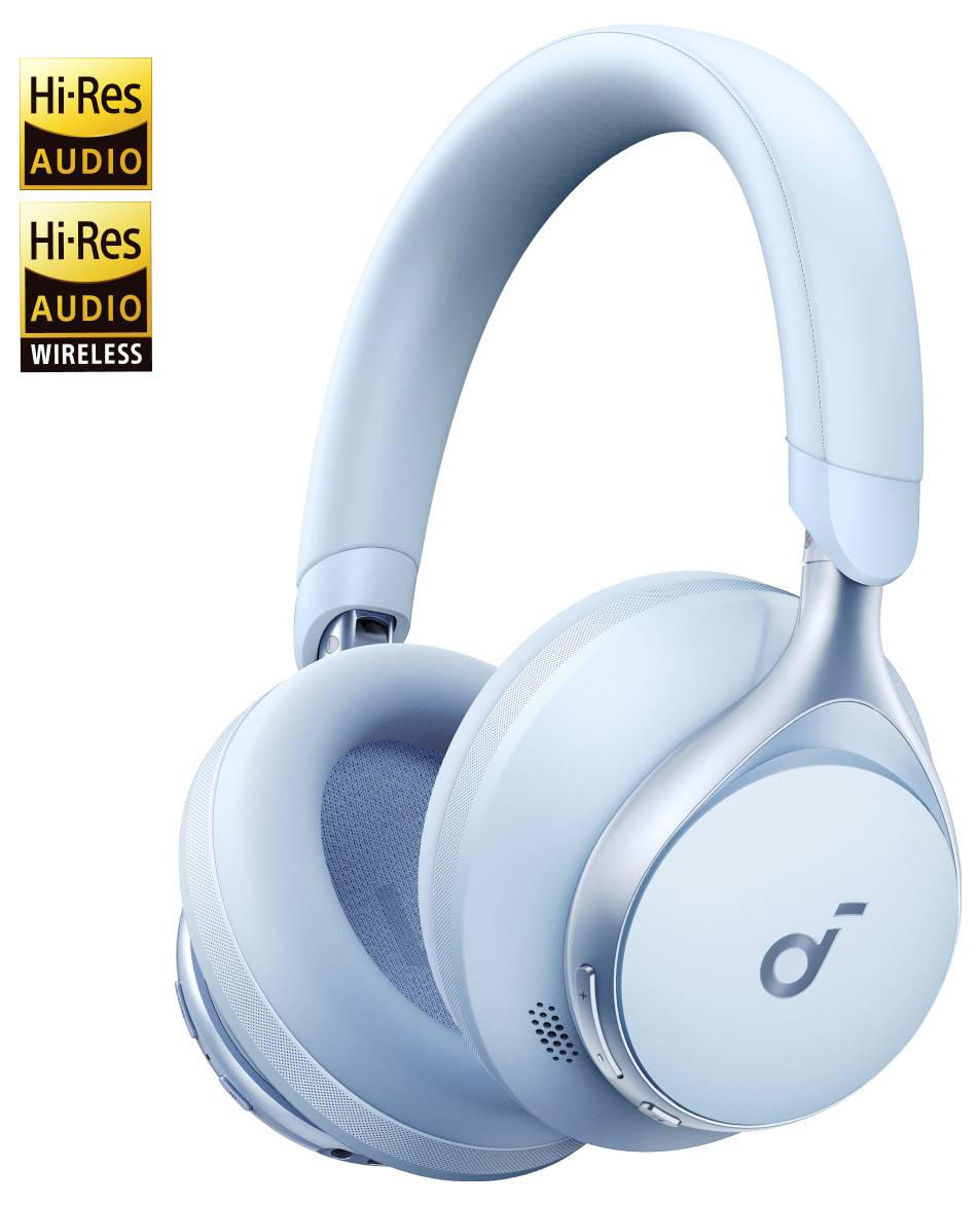 Svjetlucave plave bežične slušalice preko uha s značkama Hi-Res Audio i Hi-Res Audio Wireless.