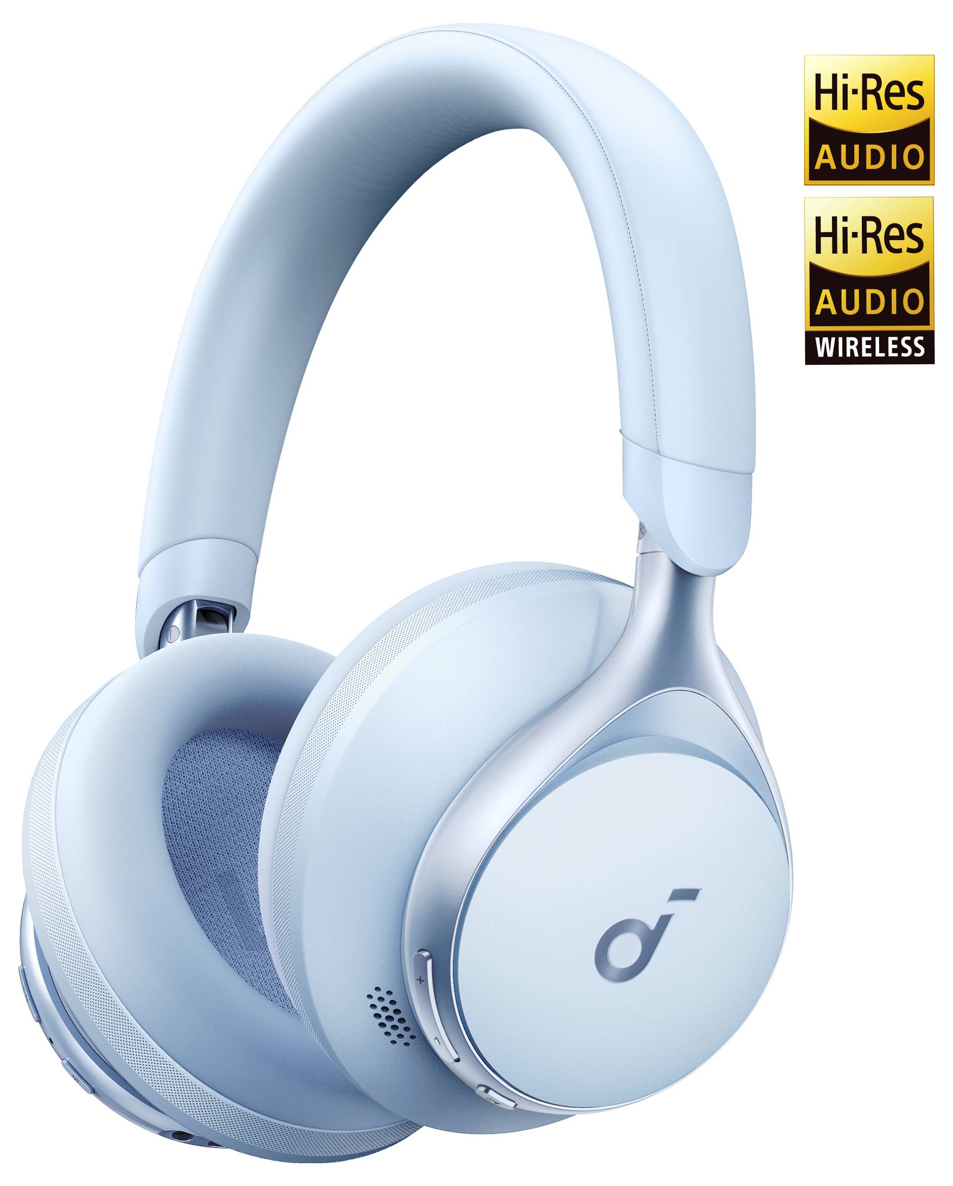 Svjetlucavo plave bežične slušalice preko ušiju s značkom Hi-Res Audio i značkom Hi-Res Audio Wireless.