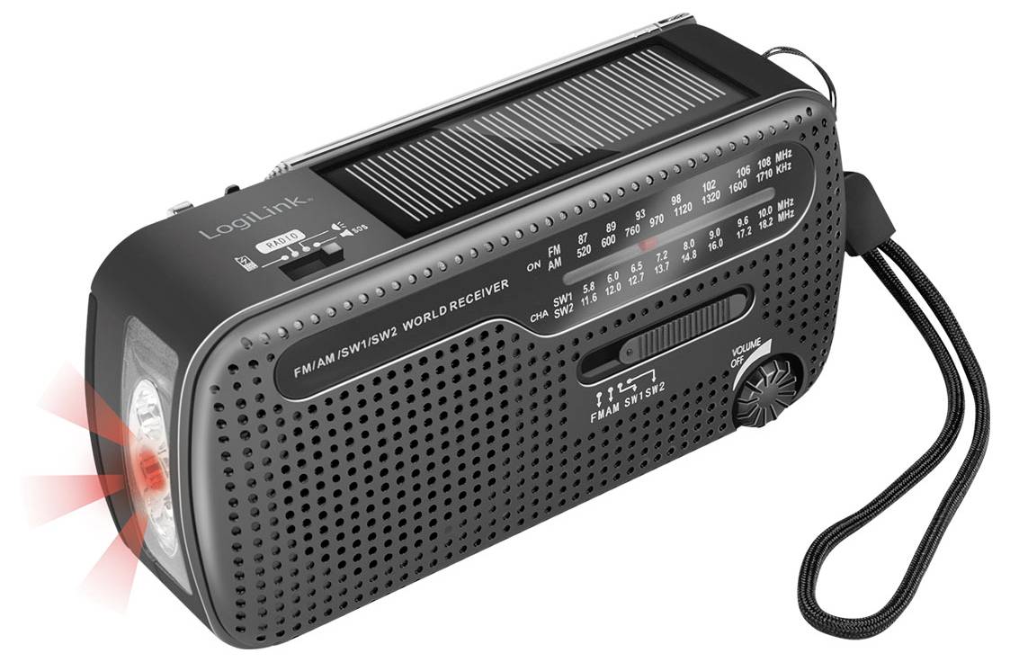 LogiLink SP0074 radio za hitne slučajeve AM, FM ručna obrtaljka, solarni panel, funkcija Powerbank, džepna svjetiljka, m-6