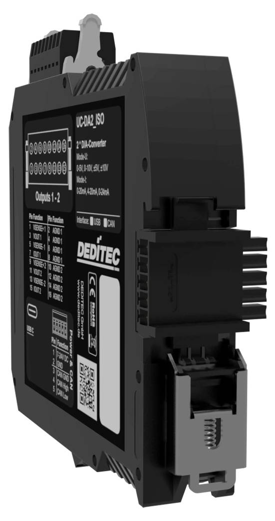 Crni industrijski elektronički modul s označenim priključcima i konektorima, prikazan u trokvartnoglednom pogledu na bijeloj pozadini.