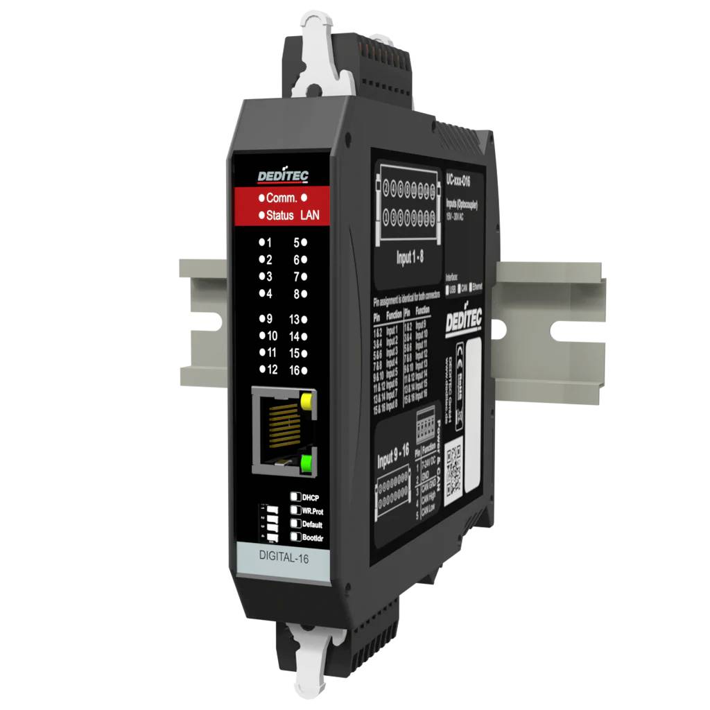 Crni DIN-šinski montirani DIGITAL-16 industrijski komunikacijski modul sa LED indikatorima stanja i vidljivim oznakama terminala.