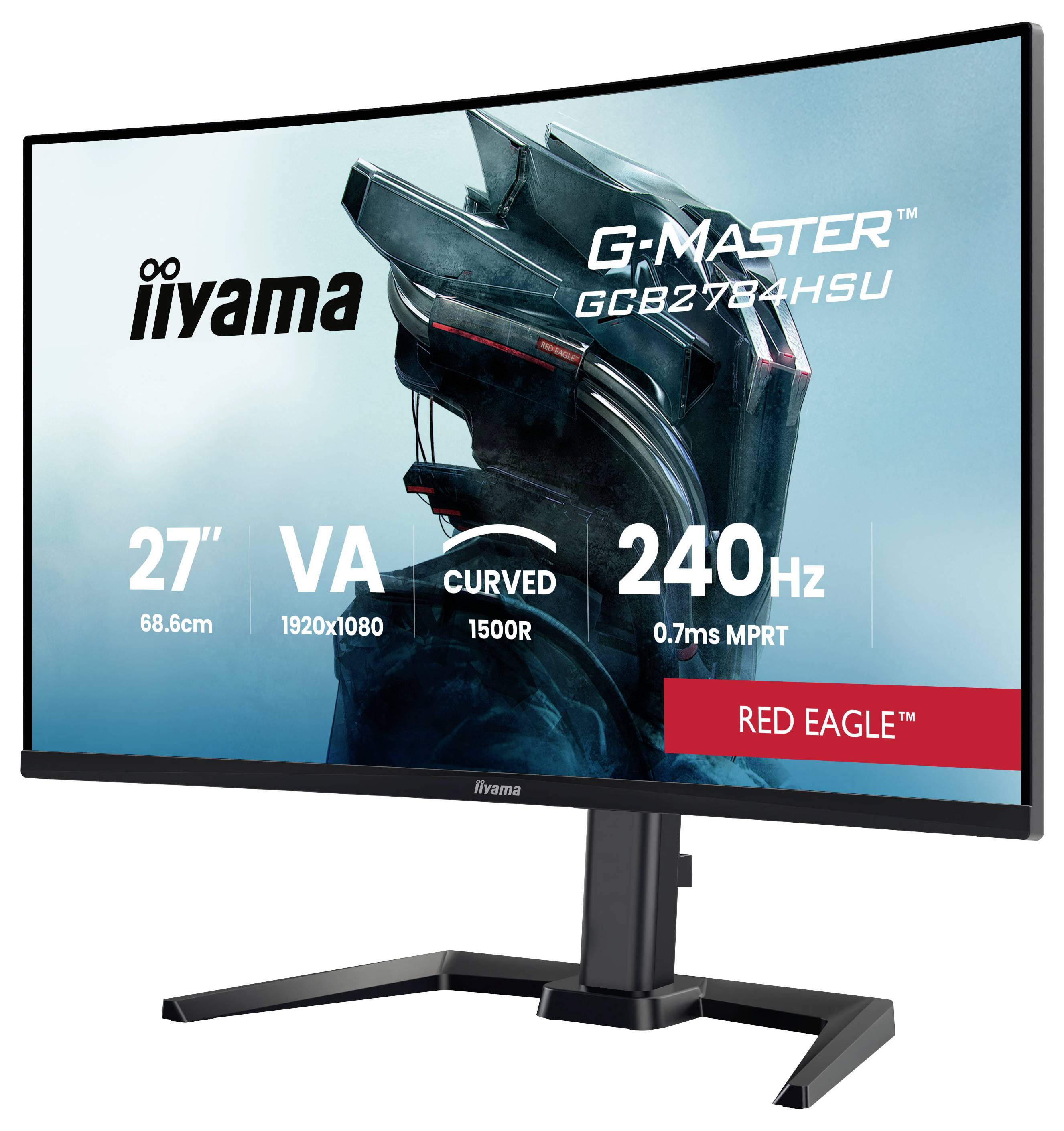 Iiyama G-MASTER zakrivljeni gaming monitor na postolju, sa prikazom 27-inčnog VA 1920x1080, 240Hz, 0.7ms MPRT, Red Eagle model GCB2784HSU.