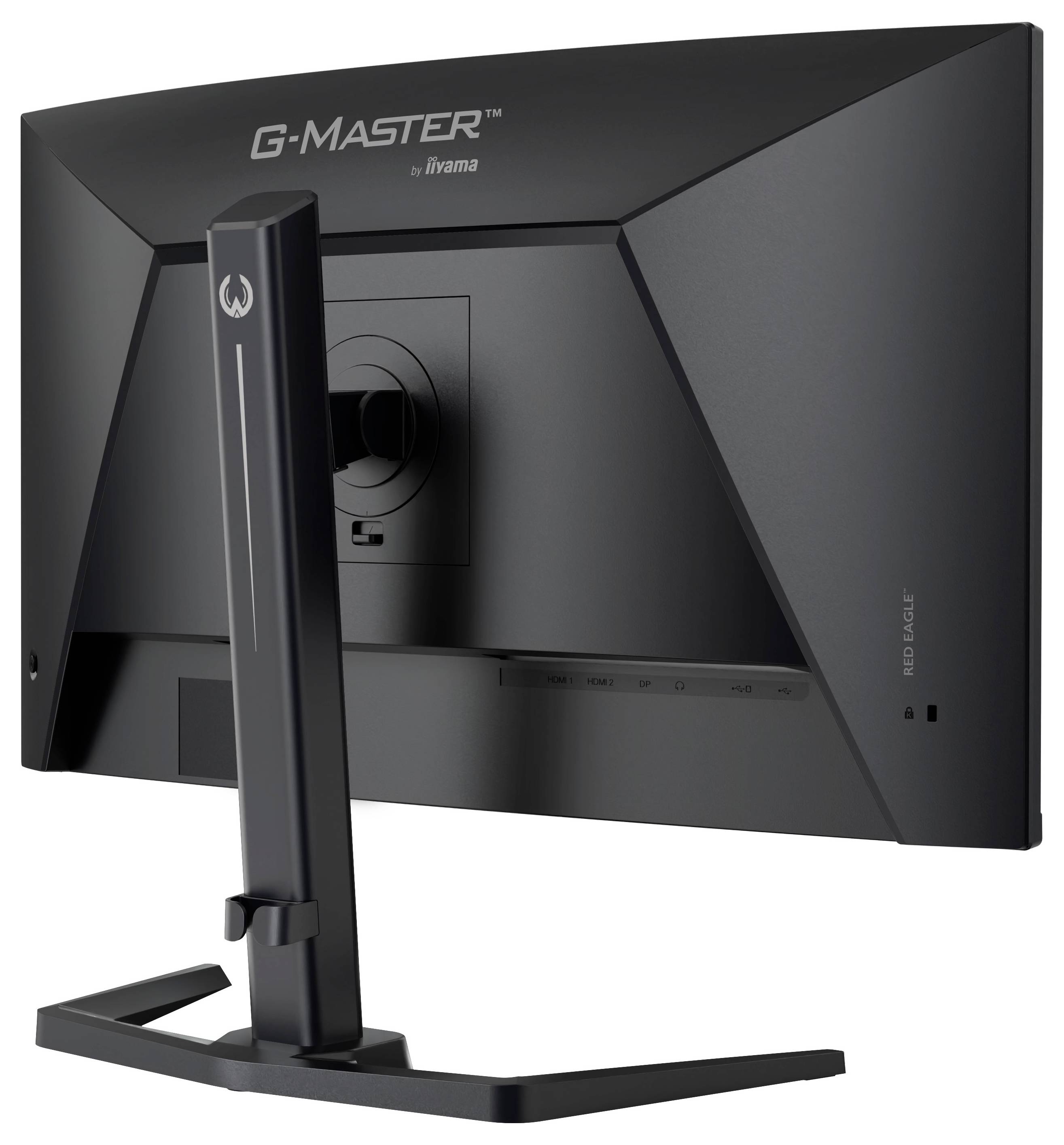 Pogled s leđa na crni G-MASTER iiyama monitor na postolju, prikazujući stražnju ploču zaslona i središnje područje upravljanja kabelima.