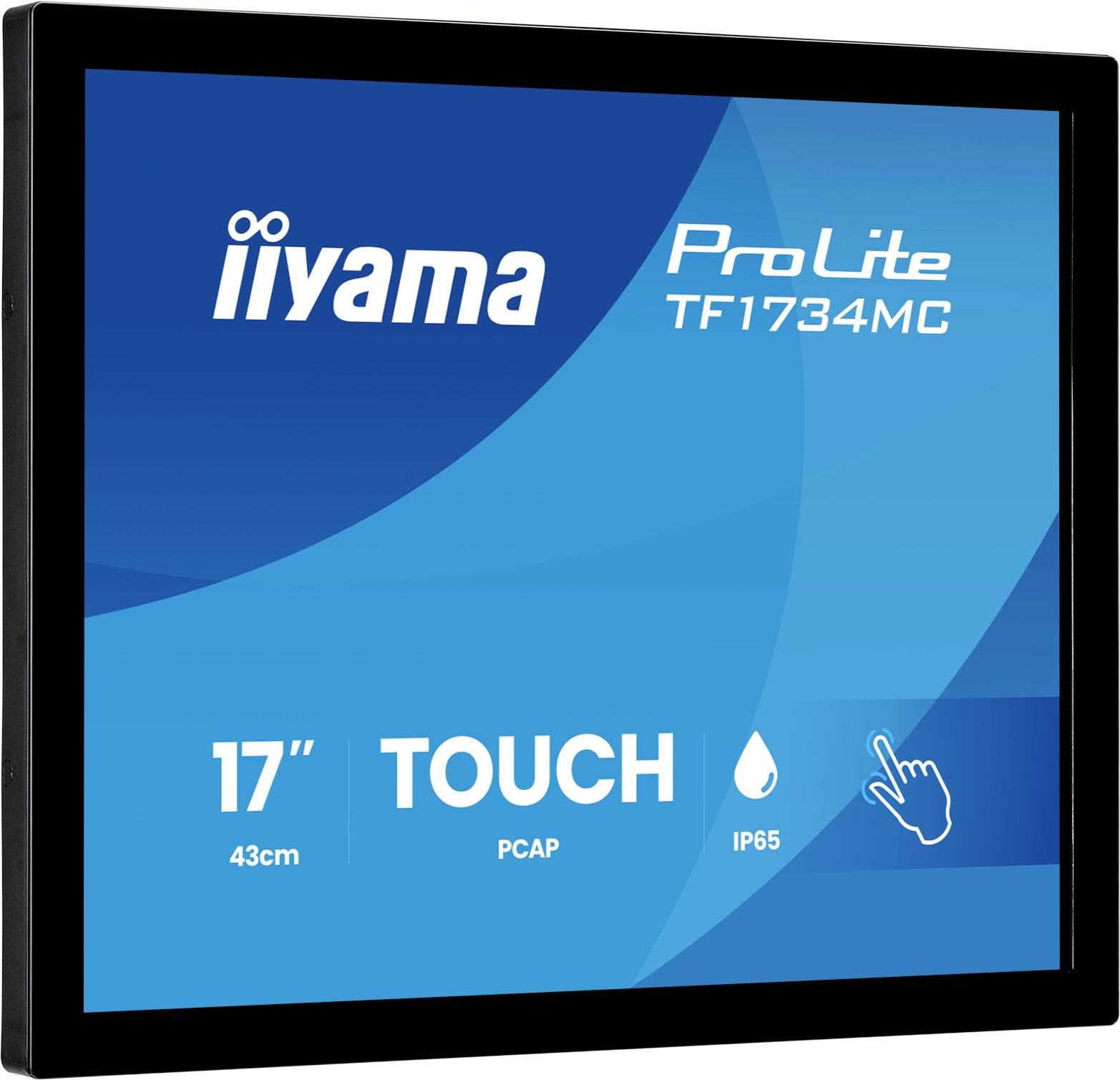 Slika proizvoda iiyama ProLite TF1734MC 17-inčnog touch monitora, označena kao 'TOUCH', PCAP i IP65.