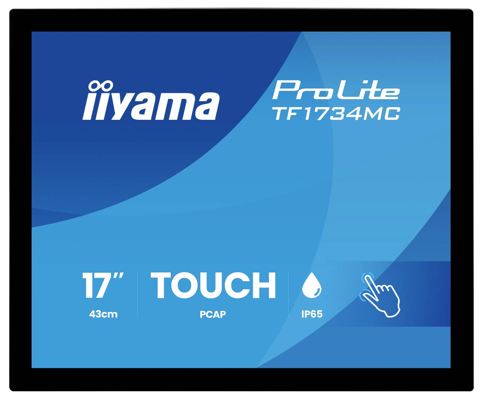 iiyama ProLite TF1734MC 17-inčni PCAP dodirni monitor sa IP65 ocjenom i ikona dotika rukom na plavom ekranu.