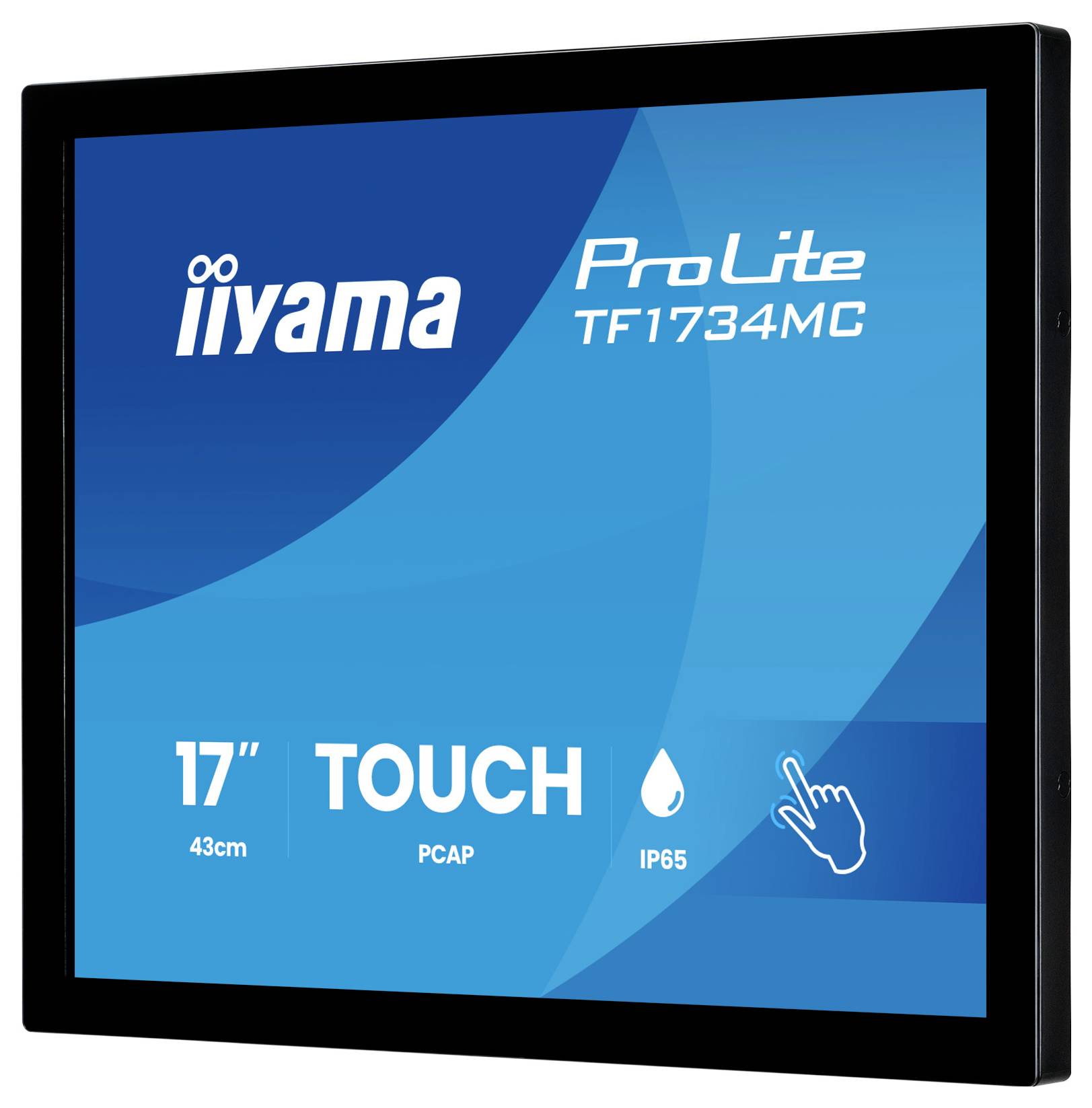 Slika proizvoda Iiyama ProLite TF1734MC 17-inčnog dodirvnog monitora, koji prikazuje '17 TOUCH', 'PCAP' i 'IP65' na plavoj pozadini ekrana.