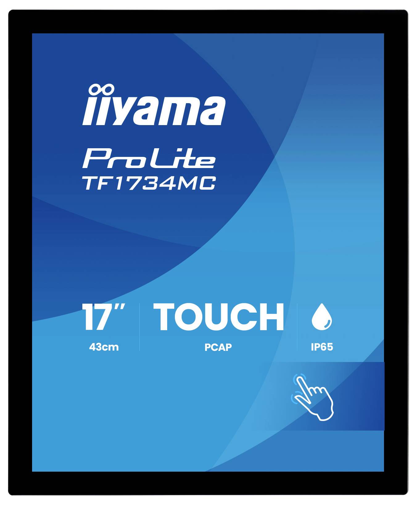 Slika Iiyama ProLite TF1734MC monitorom od 17 inča s mogućnošću dodirivanja, prikazuje ikone 'TOUCH', PCAP, 43 cm i IP65.
