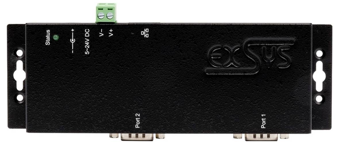 Crni Extron uređaj s montažnim ušima i indikatorskom LED diodo, označen s 5-24V DC, s Port 1 i Port 2 priključcima na prednjoj strani.