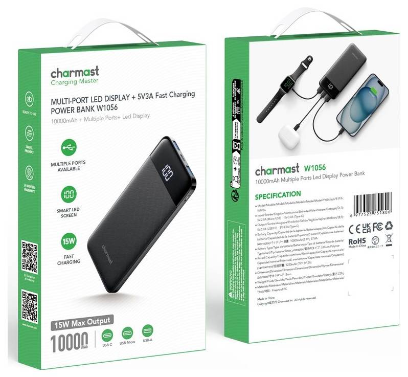 Pakiranje za Charmast W1056 power bank od 10000mAh s LED displejom, višestrukim portovima i brzim punjenjem od 15W prikazano na prednjoj i stražnjoj strani kutije.