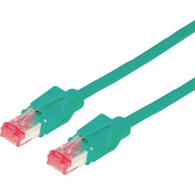 Dva zelena Ethernet kabela s crvenim RJ45 konektorima na bijeloj pozadini.