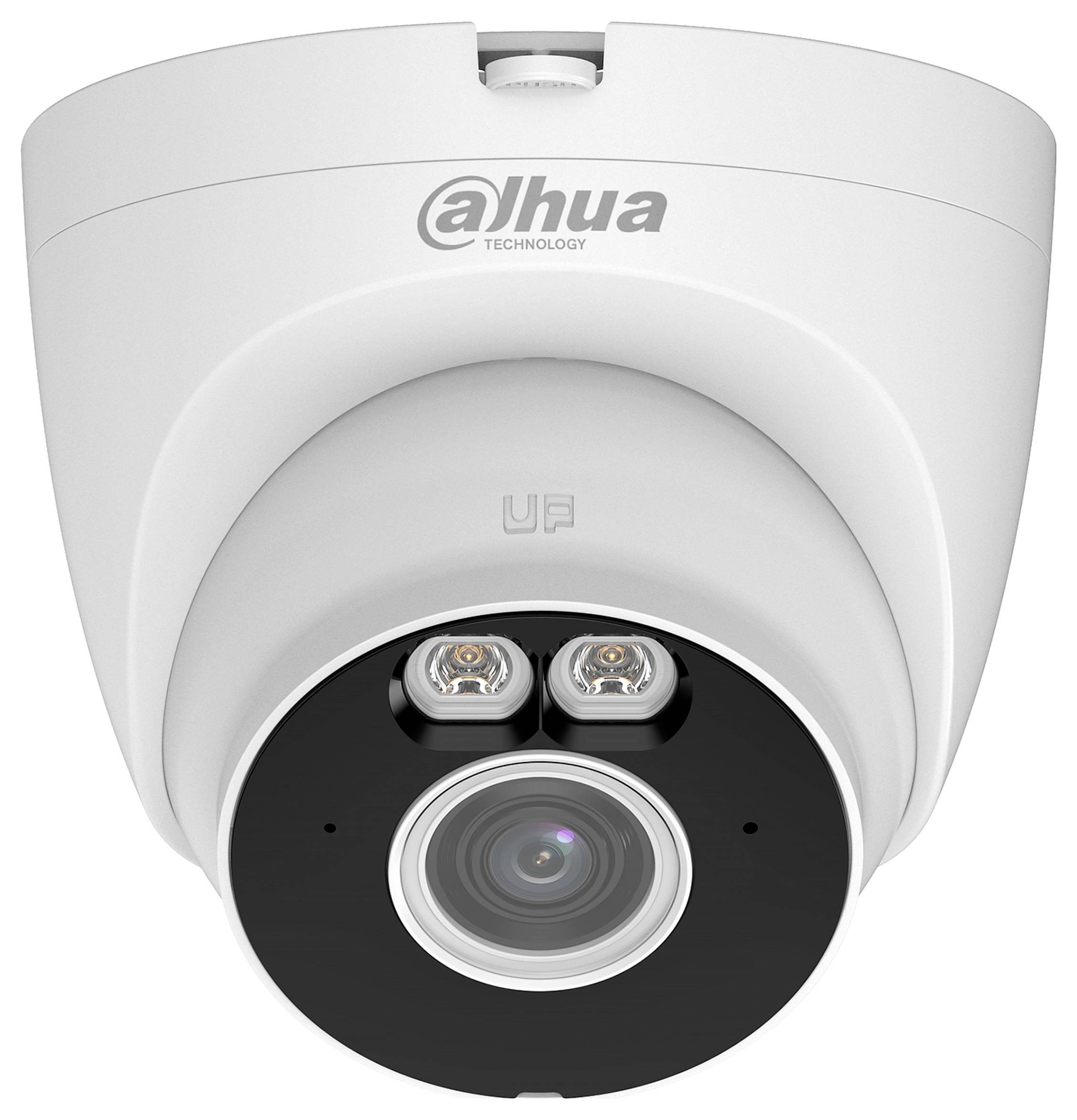 Bijela sigurnosna kamera Dahua Technology s centralnom lećom i dva infracrvena LED-a, prikazana frontalni pogled na jednostavnoj pozadini.
