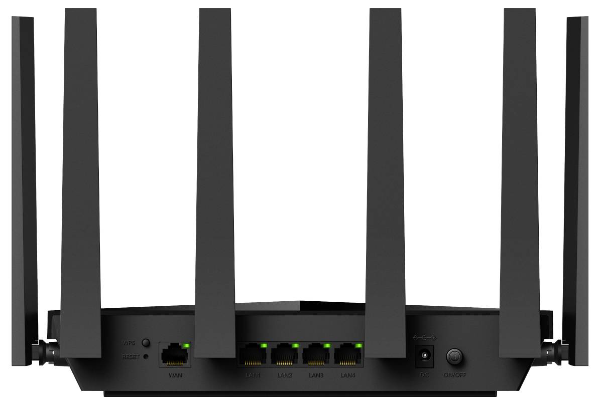 Crni bežični usmjerivač sa šest vanjskih antena, prednji Ethernet priključci i indikatorske svjetlo na bijeloj pozadini.