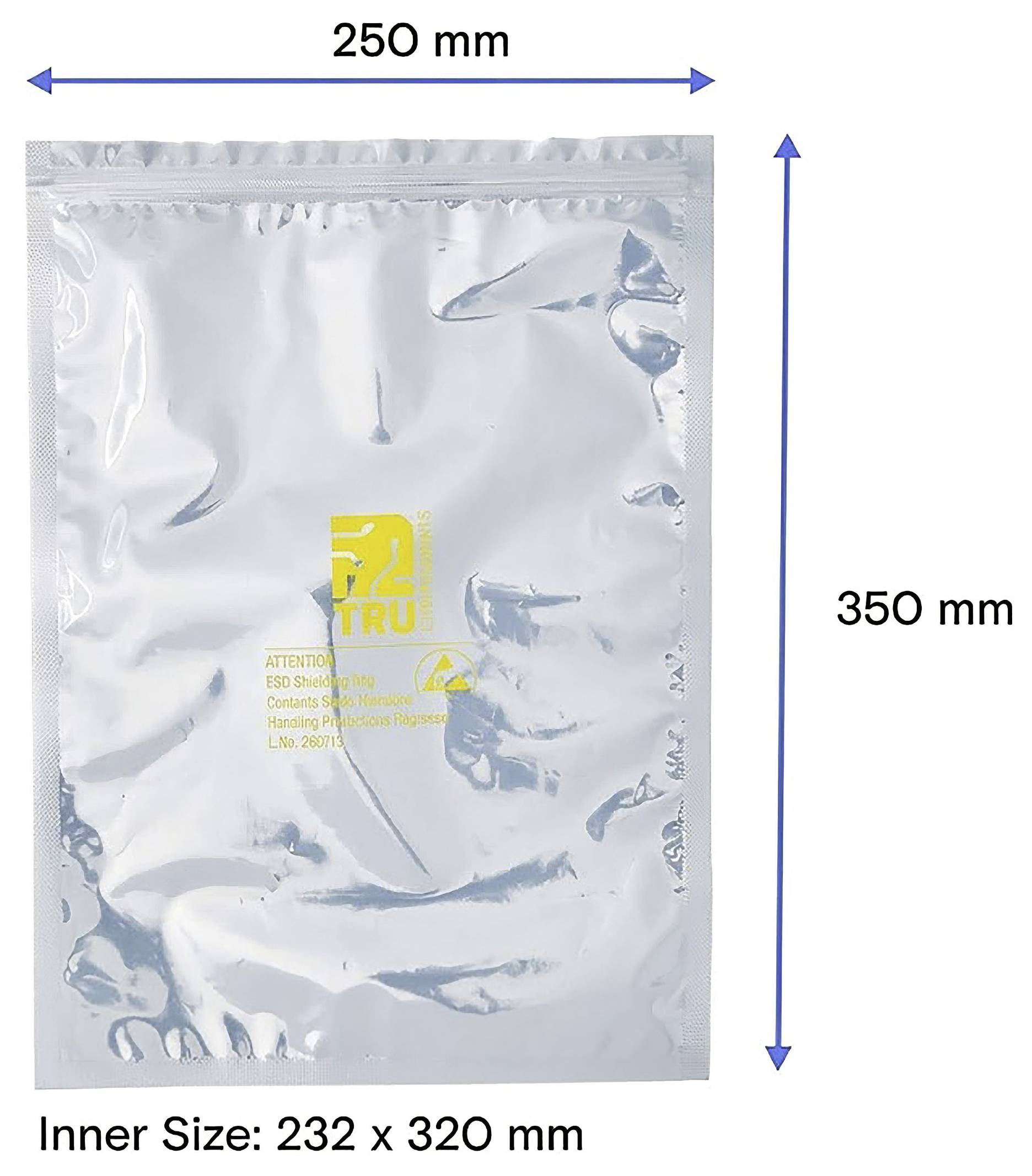Srebrna plastična kesica s označenim dimenzijama 350 mm širine i 250 mm visine; unutarnja veličina označena 320 x 232 mm.