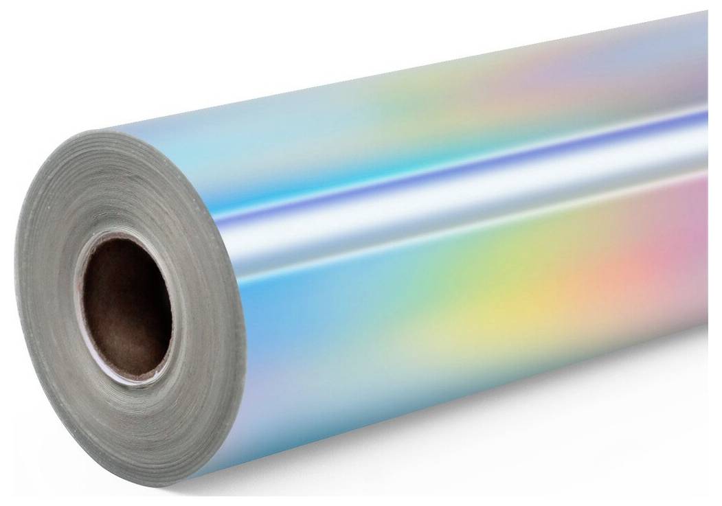 Rola iridescent holografske samolepljive folije na bijeloj podlozi.