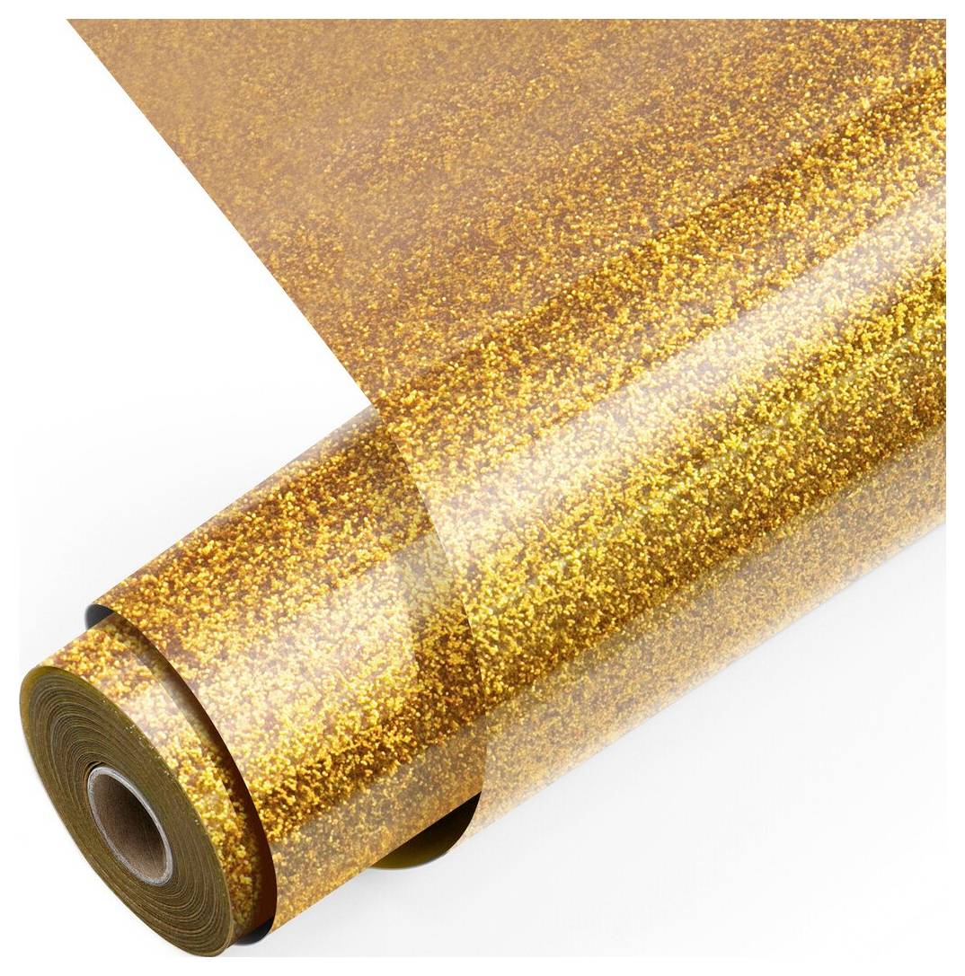 Svitak zlatnog glitter vinila ili materijala za omotavanje na bijeloj podlozi, djelomično odmotanog kako bi se pokazao njegov refleksivni sjaj.