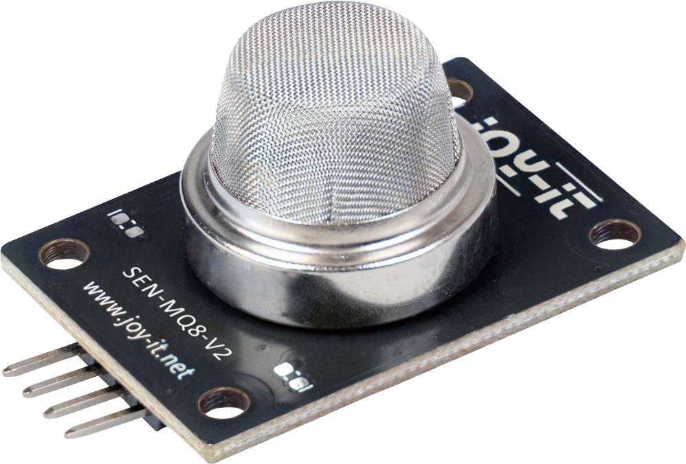 Modul elektronskog plinskog senzora s metalnom mrežastom kanisteom senzora na crnoj razvojnoj pločici označenoj sa 'SEN-MQ8-V2' i 'joy-it', s četiri iztka.