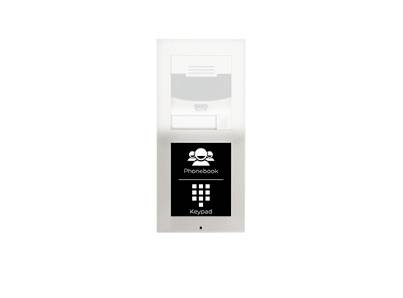 Zidna interfonska jedinica s rešetkom zvučnika i crnom panelom s gumbima "Telefonski imenik" i "Tipkovnica".