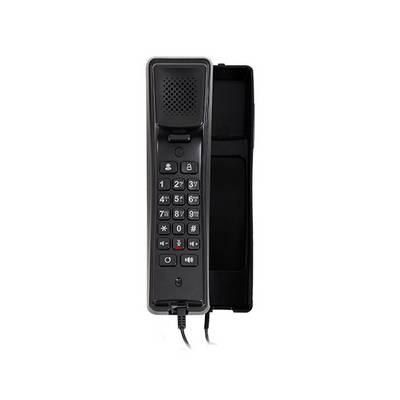 Crna bežična telefonska slušalica na zidu s postoljem za punjenje, vidljivi tipkovnica i zvučnik.