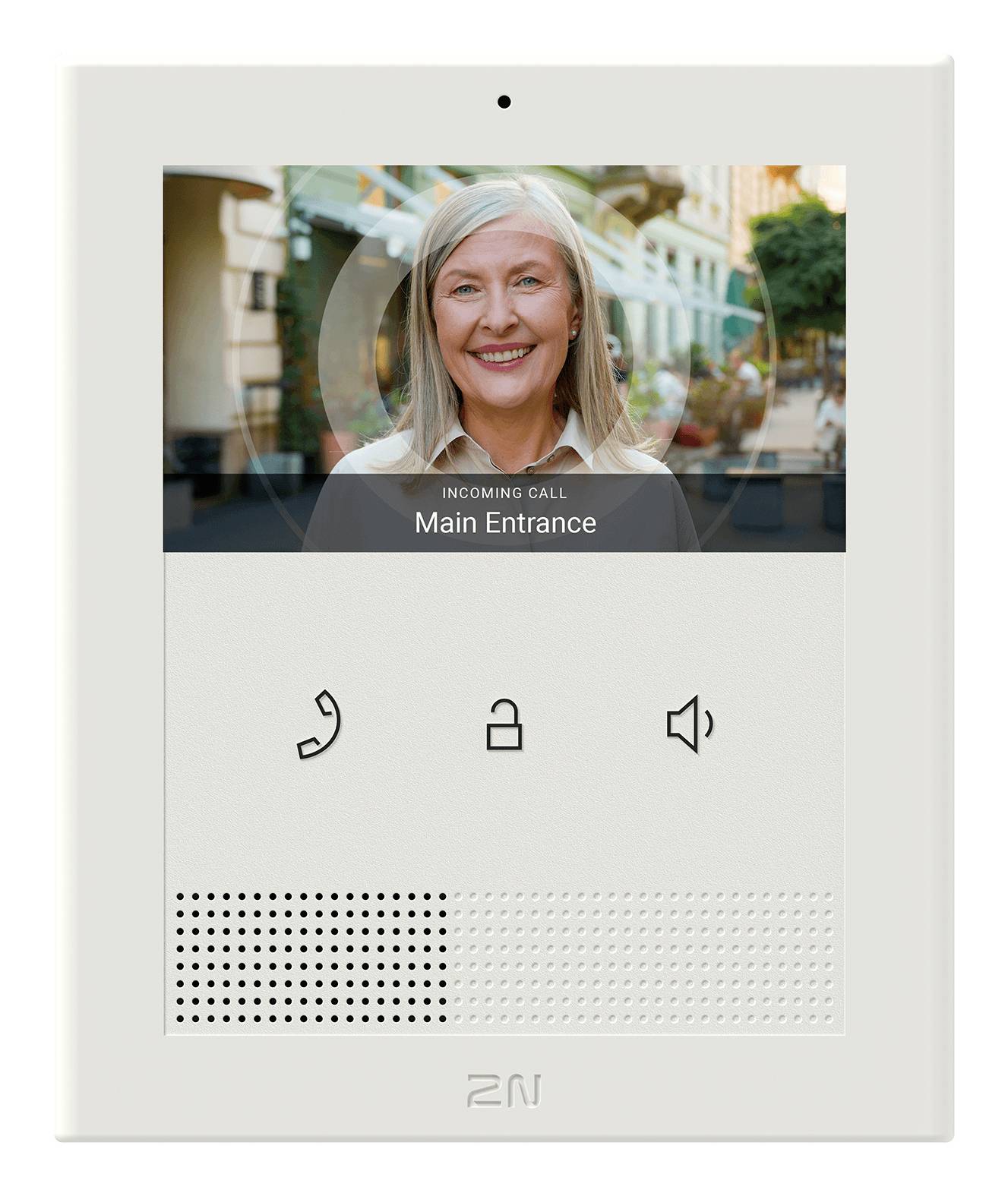 Videofon panel koji prikazuje ženu na ekranu s tekstom 'DOLAZNI POZIV' i 'Glavni ulaz', plus gumbove za poziv, otključavanje i zvučnik.