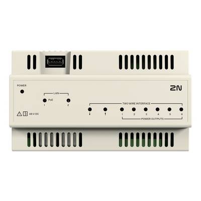 Bež distributor snage 2N sa LAN/PoE портовима, indikator napajanja, ulaz 48 V DC, i šest numeriranih izlaza napajanja.