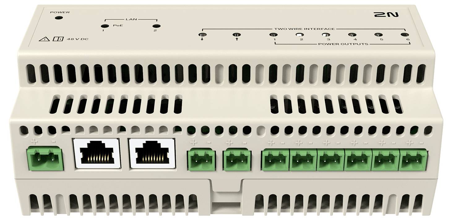 Industrijski komunikacijski modul 2N s ventilacijskim prorezima, indikatorima stanja i više Ethernet i napojnih priključaka na prednjoj ploči.