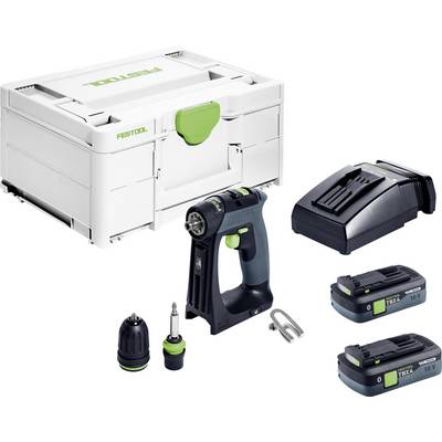Festool bežični set bušilice s krutim futrolom, punjačem, dvije baterije i pribor za bušenje na bijeloj pozadini.