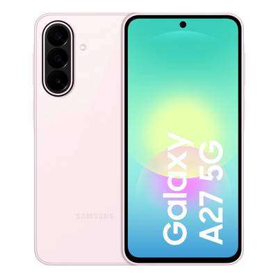 Ružičasti Samsung Galaxy A27 5G pametni telefon prikazan sprijeda i straga, s trostrukim kamerama na poleđini i zaslonom koji prikazuje 'Galaxy A27 5G'.
