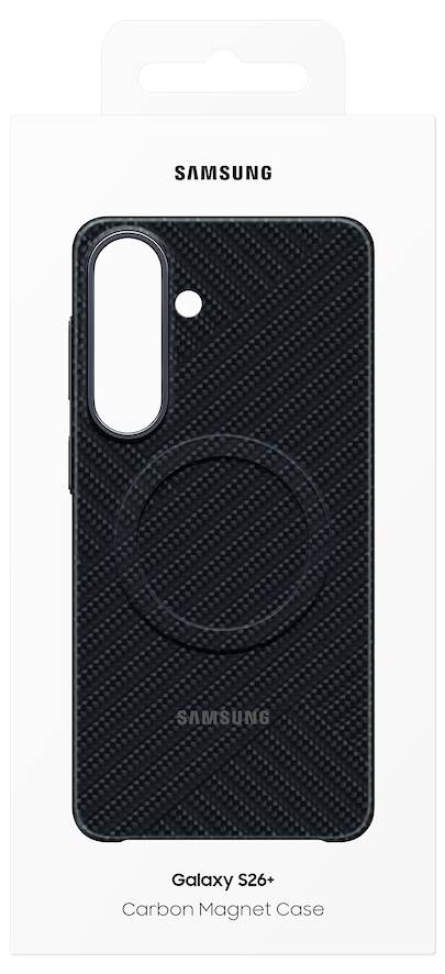 Samsung Galaxy S26+ silikonska futrola za telefon s magnetom od ugljika u crnoj boji, prikazana u maloprodajnoj ambalaži.