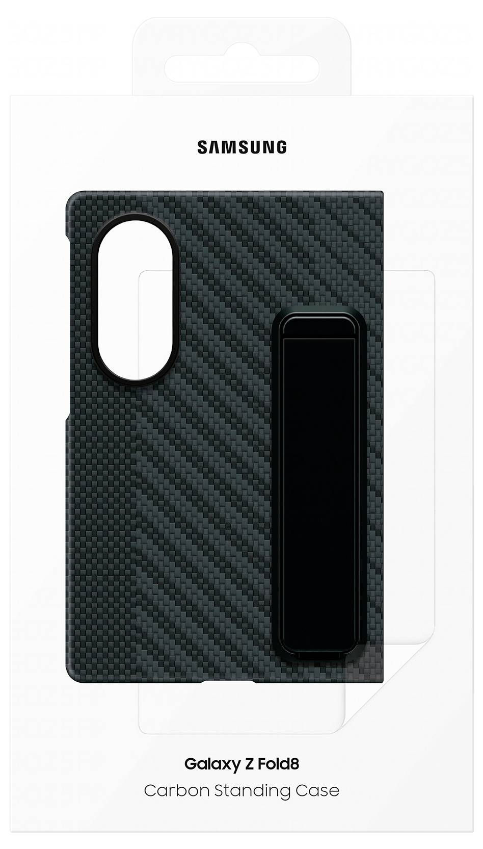 Samsung Galaxy Z Fold8 carbon uslužni slučaj u crnoj boji, prikazan na maloprodajnoj ambalaži.