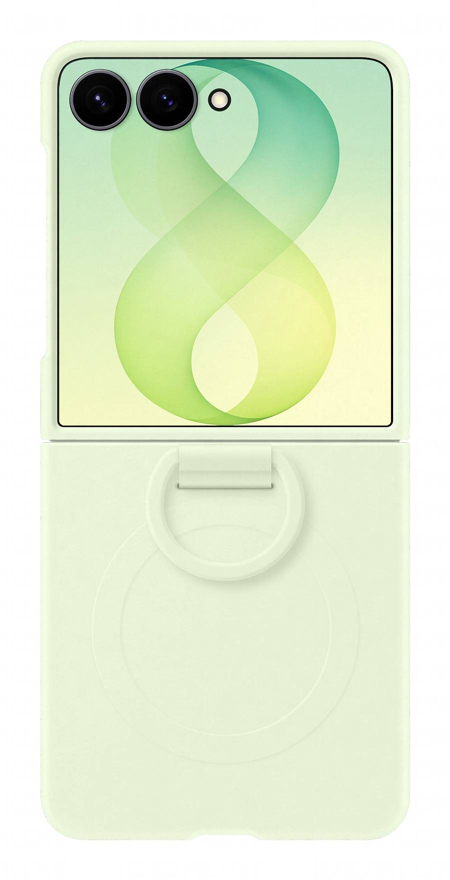 Preklopni pametni telefon u blijedozeleni boji, djelomično otvoren u L obliku, prikazuje dvije stražnje kamere, mali zaslonski zaslon, i stiliziranu zelenu gradijentnu pozadinu.