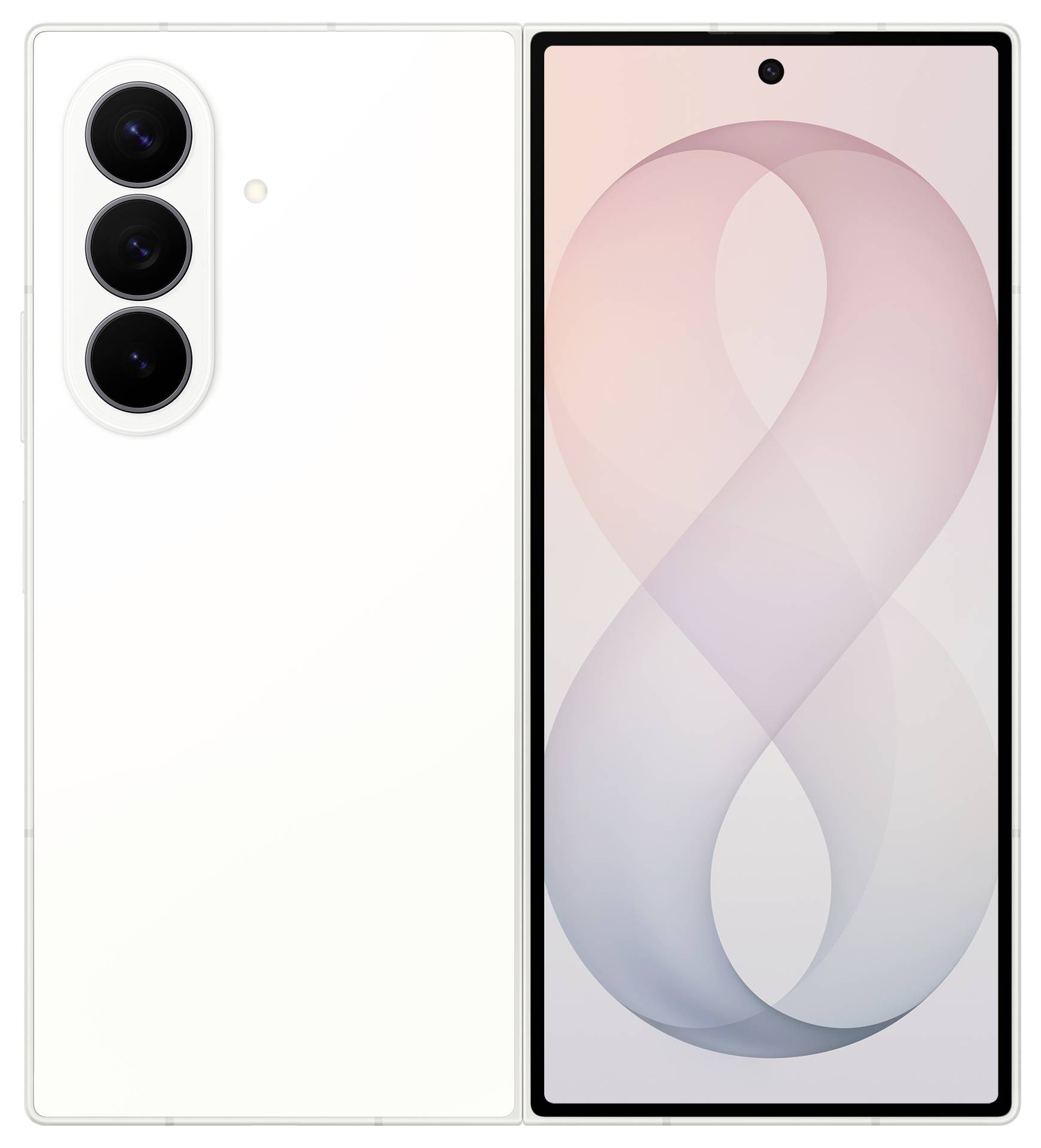 Bijeli pametni telefon prikazan sprijeda i pozadi, sa centričnim punch-hole displejom s pastelnom vrpčastom pozadinom i trostrukim stražnjim kamera modulom.