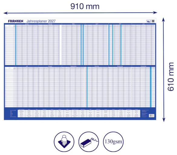 Veliki zidni planer sa oznakom 'FRANKEN Godišnji planer 2027' s dimenzijama 910 mm x 610 mm, prikazujući raspored godišnjeg kalendara s mrežom i ikonom papira od 130 g/m².