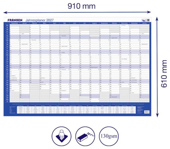 Slika proizvoda velikog zidnog planera kalendara s naslovom 'Jahresplaner 2027', dimenzije 910 mm x 610 mm, s godišnjom mrežom i ikonom papira od 130gsm.