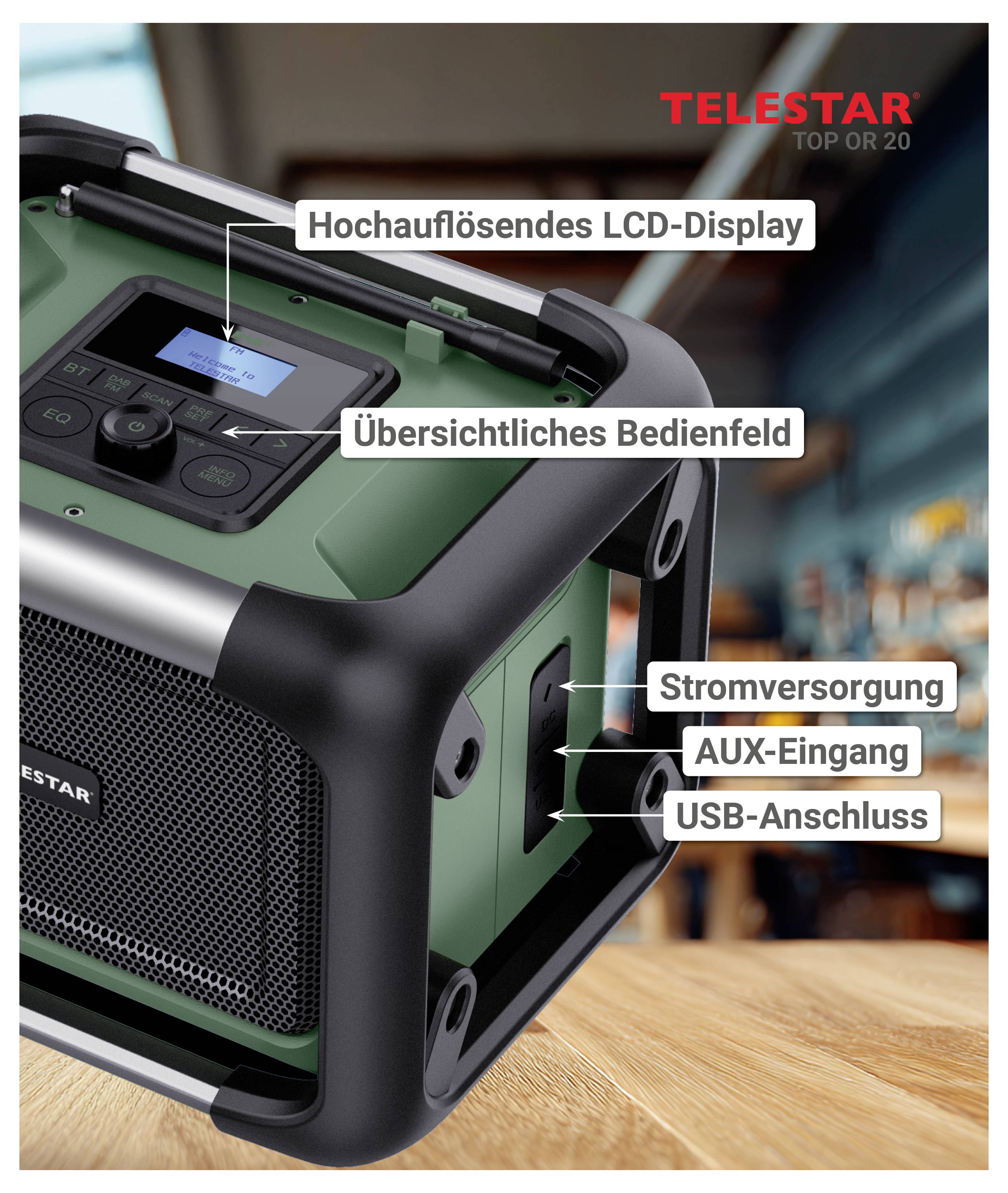 Telestar prijenosni radio zvučnik s visokorezolucijskim LCD zaslonom, jednostavnom kontrolnom pločom, ulazom za napajanje, AUX ulazom i USB priključkom.