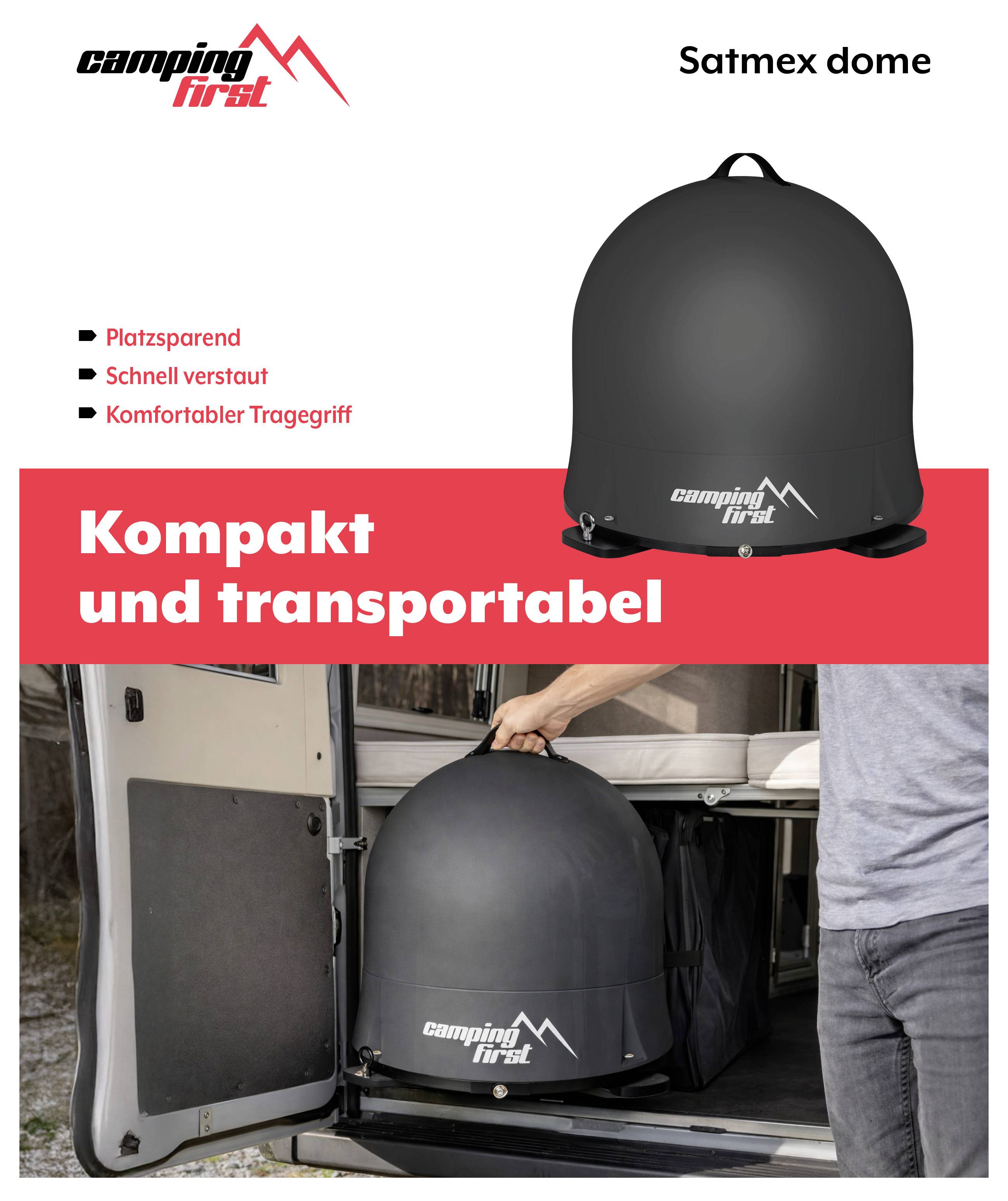 Kampiranje Prvo 'Satmex dome' prijenosni šator s kupolom prikazan kako se nosi u kombi, s tekstom koji promovira kompaktan, štedljiv prostor i lak transport.