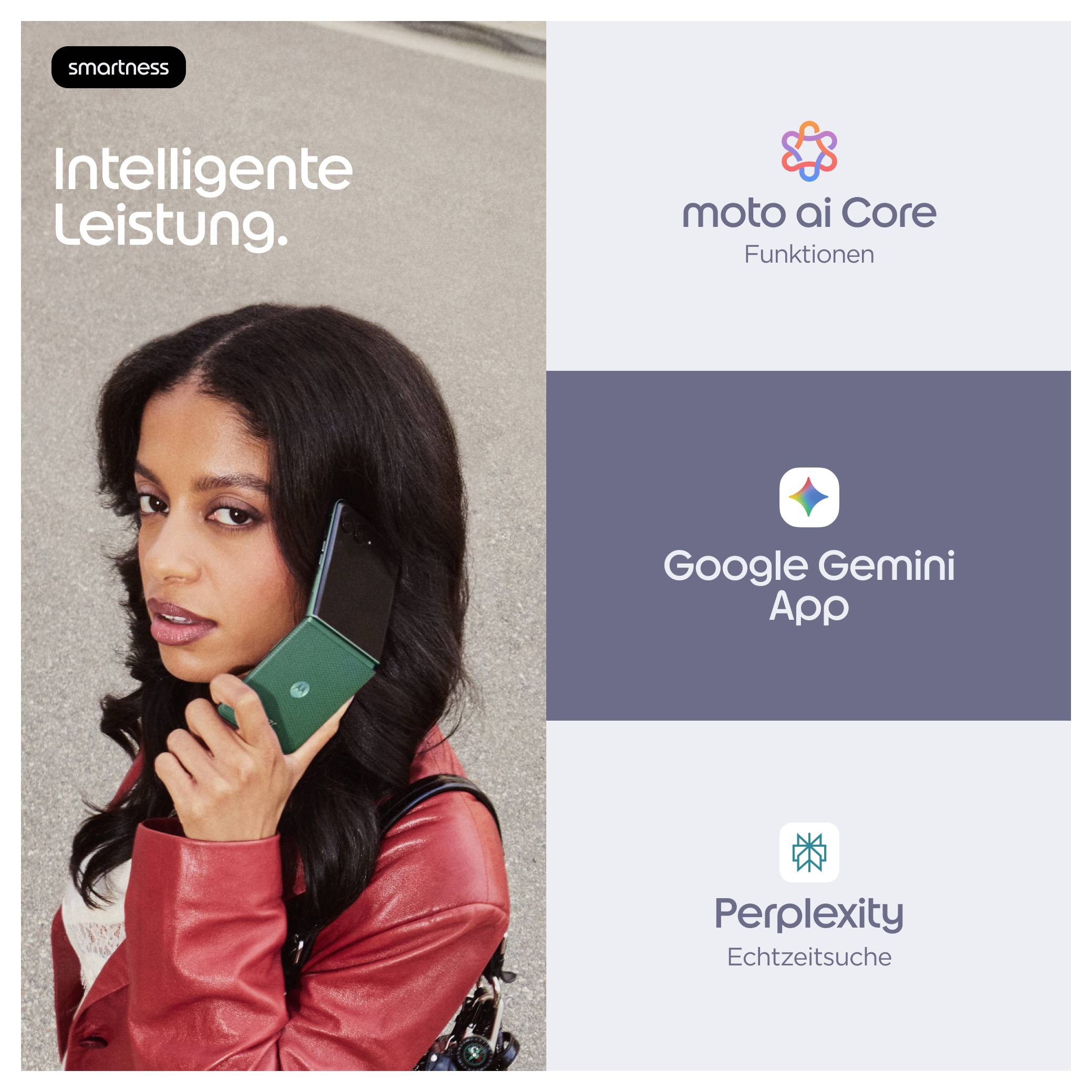 Njemačka promocijska grafika koja pokazuje ženu koja drži zeleni Motorola preklopni telefon s tekstom 'Inteligentna Performansa' i tri pločice sa značajkama: moto ai Core, Google Gemini App, Perplexity Pretraga u Realnom Vremenu.