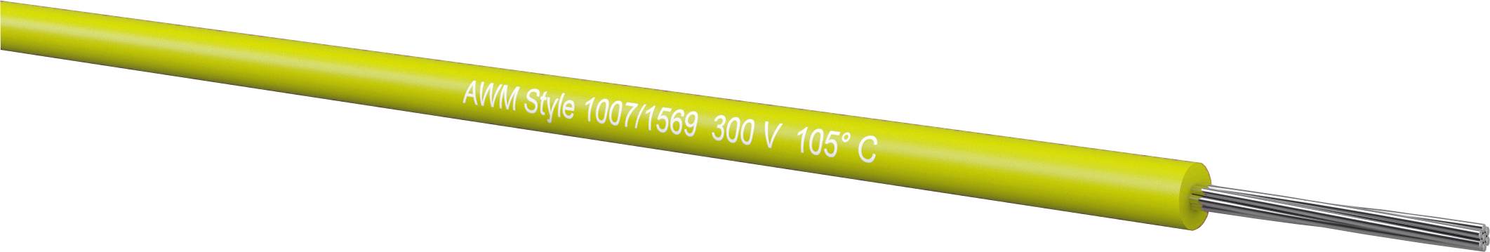 Žuti izoliran električni kabel označen sa "AWM Style 1007/1569 300V 105°C" s izloženim srebrnastim vodičima na jednom kraju.
