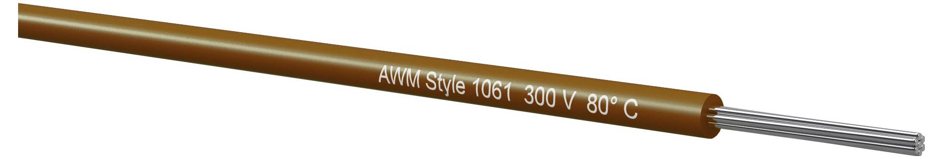 Primjerak smeđeg izoliranog kabela označenog 'AWM Style 1061 300 V 80°C' s izloženim srebrnim žicama na kraju.
