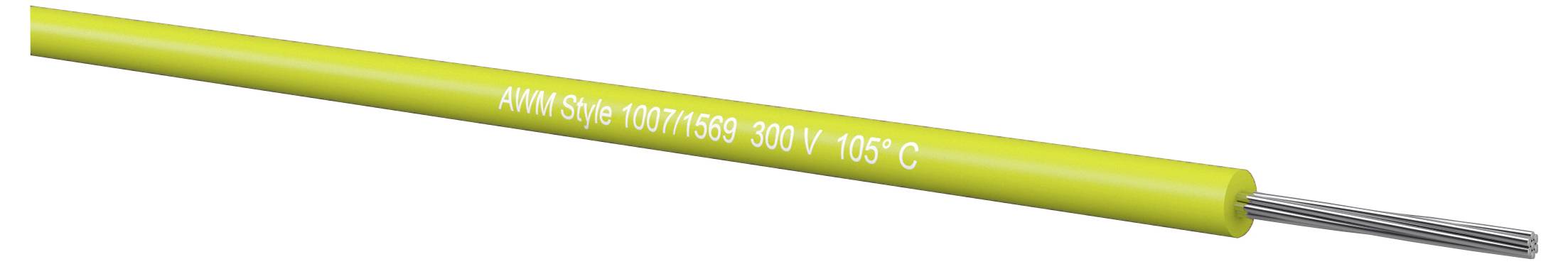 Žuta izolirana električna žica sa izloženim srebrnim vodičima na jednom kraju, označena 'AWM Style 1007/1569 300V 105°C'.