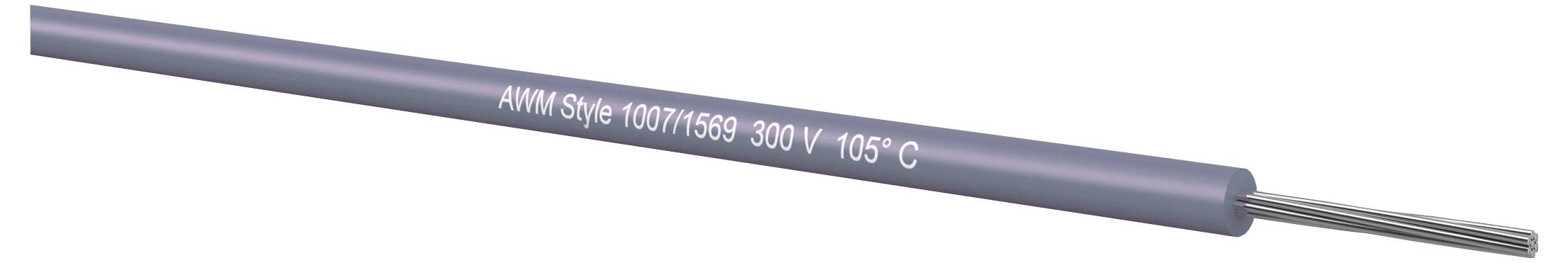 Detaljan prikaz sive izolirane električne žice označene sa "AWM Style 1007/1569 300V 105°C" s izloženim metalnim vodičima na kraju.