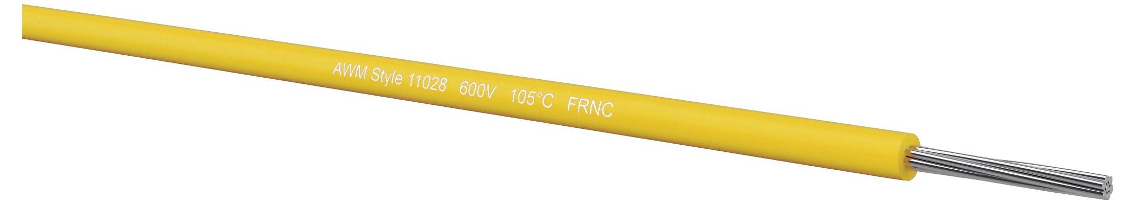 Žuti izolacijski kabel sa izloženim krajem srebrnog vodiča, označen sa 'AWM Style 11028 600V 105C FRNC'.